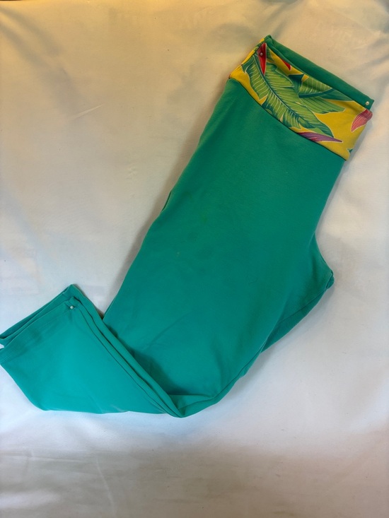 Pants - TURQUOISE WOMEN’s CAPRI YOGA LEGGINGS WITH TROPICAL PRINT WAISTBAND -